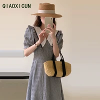 qiaoxicun french elegant design lapel puff sleeve dress female 2022 summer new korean fashion womens dresses midi a line dress