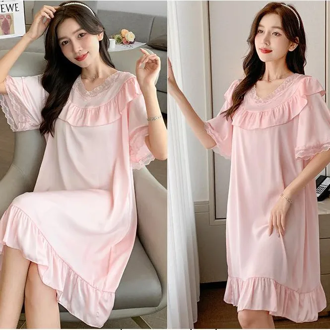 

Women Rayon Sleepdress Palace Princess Style Nightgown Summer Lovely Nightwear With Lace O-Neck Nightdress Sexy Loungewear