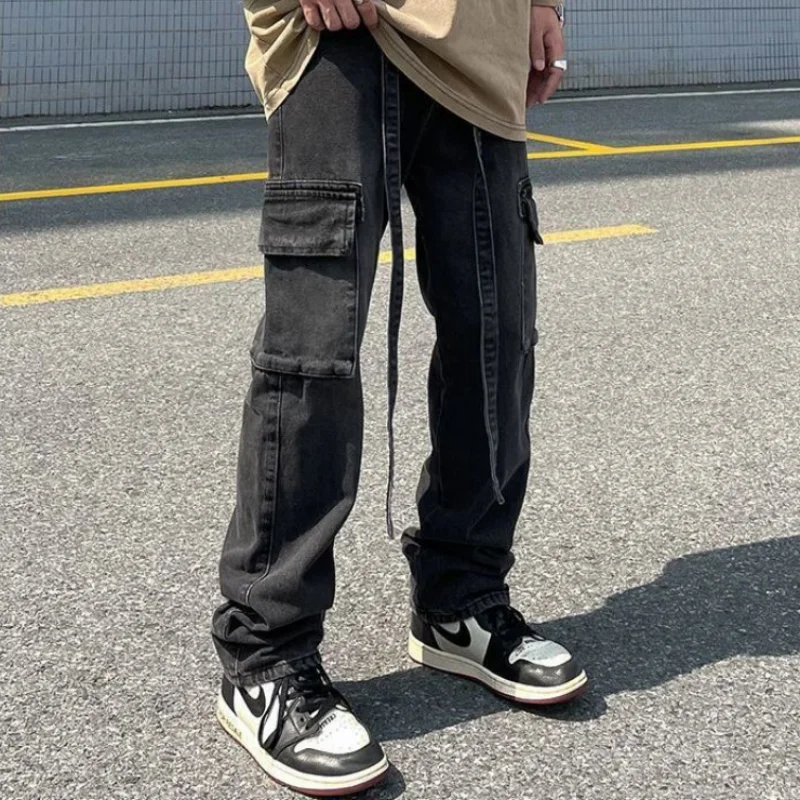 DEEPTOWN Retro Straight Jeans Men Ribbons Streetwear Hip Hop Black Denim Pants Fashion Loose Casual Distressed Trousers Autumn