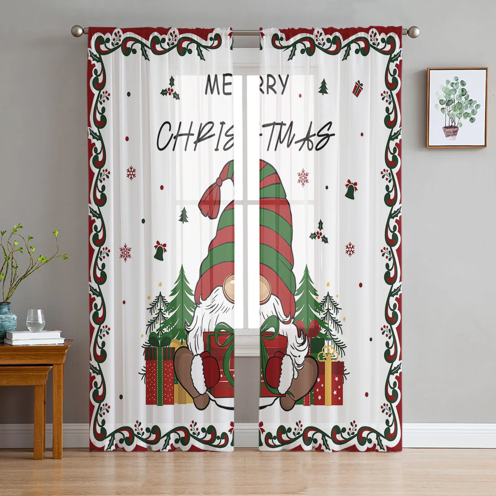 

Рождественская пряжа в виде гнома со снежинками, Фотошторы для гостиной, кухни, прозрачные оконные шторы из вуали