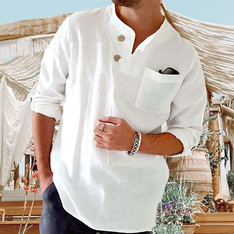 

Men Casual Cotton Linen Beach Shirt Tees Vintage Loose Solid Button Long Sleeve T -shirt 2023 Summer Man Office Tops Pullover
