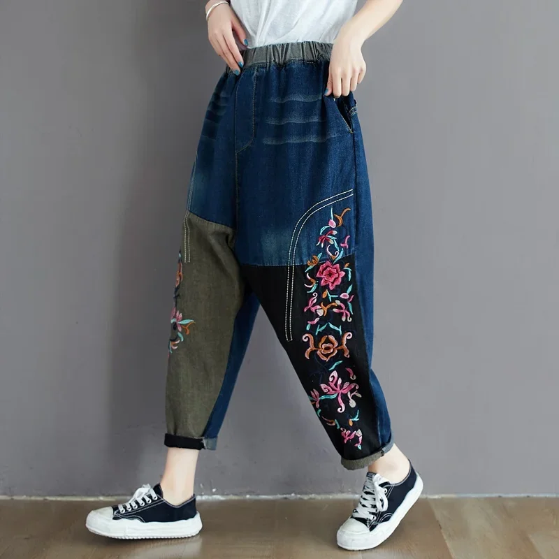 Китайские джинсы-шаровары 2024 брюки в Корейском стиле с вышивкой женские джинсы Mom