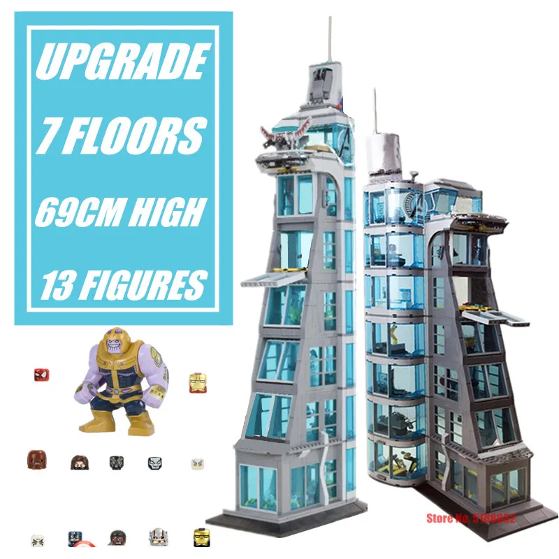

7 FLOOR Marvel Avengers Tower Ironman Spiderman Starks Industry Thor Thanos Figures Streetview Building Block Brick Gift Toy