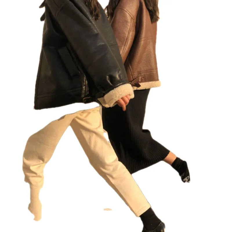 2022 Faux Fur Coat Fall Winter Jacket for Women Loose Warm Lambswool Thicken Locomotive Lapel Female Coat PU Outerwear