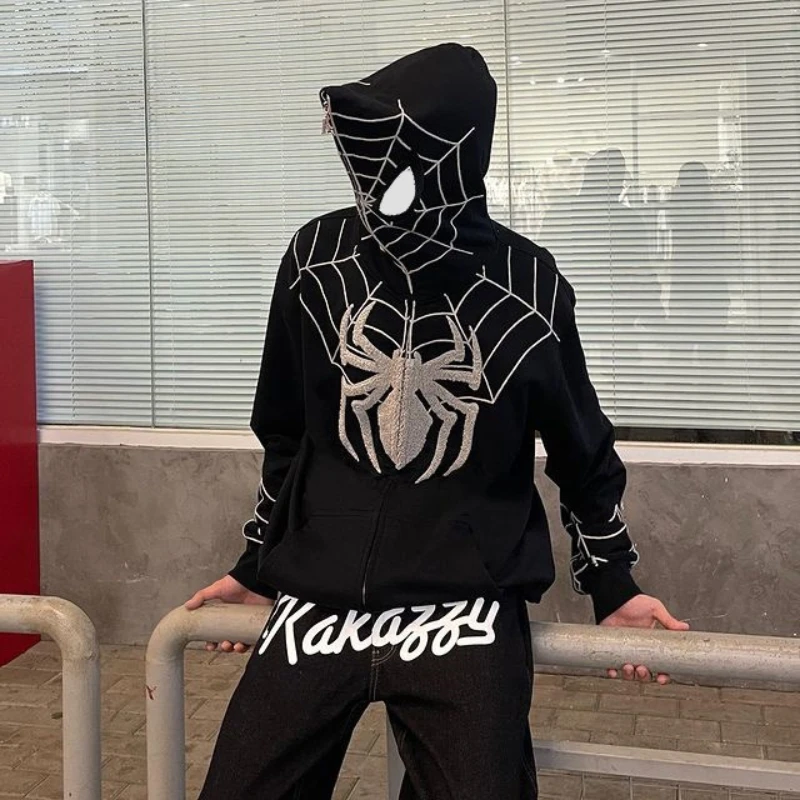 

Trendy Hoodies Hip Hop American Spider Print Full Chain Hooded Sweater European and American Fashion Brand Sweater Street Coat