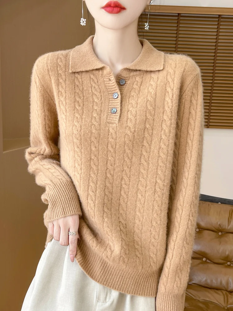 Женский свитер из 100% шерсти мериносовой толстый с воротником мягкий и теплый топ