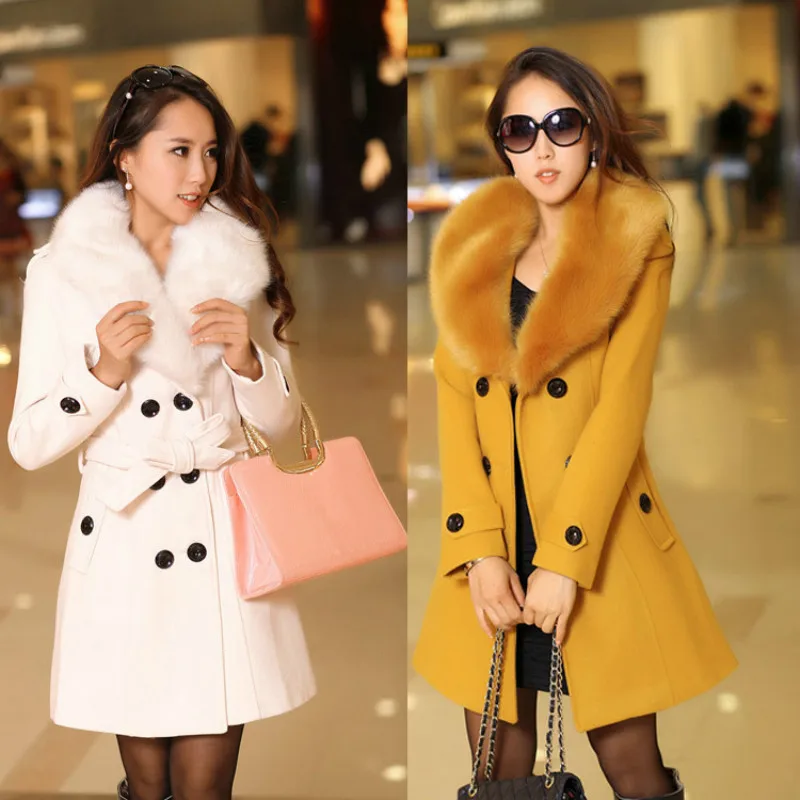 Fashion Women's Faux Fur Collar Solid Trench Coat Lady Slim Double Breasted Woolen Jackets Coat Autumn Winter Female Outwear