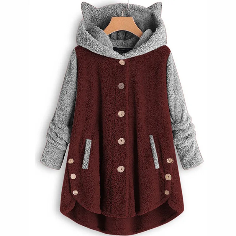Single Breasted Winter Coat Women Ear Cat Warm Coats Flannel Soft Hood Clothes Black Full Sleeve Parka Ladies Hooded Parkas LM30