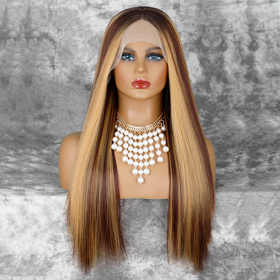 

Synthetic Long Straight Synthetic T-Part Lace Wig Brown Mixed Blonde Wigs for Women Middle Part Natural Looking Glueless Hair