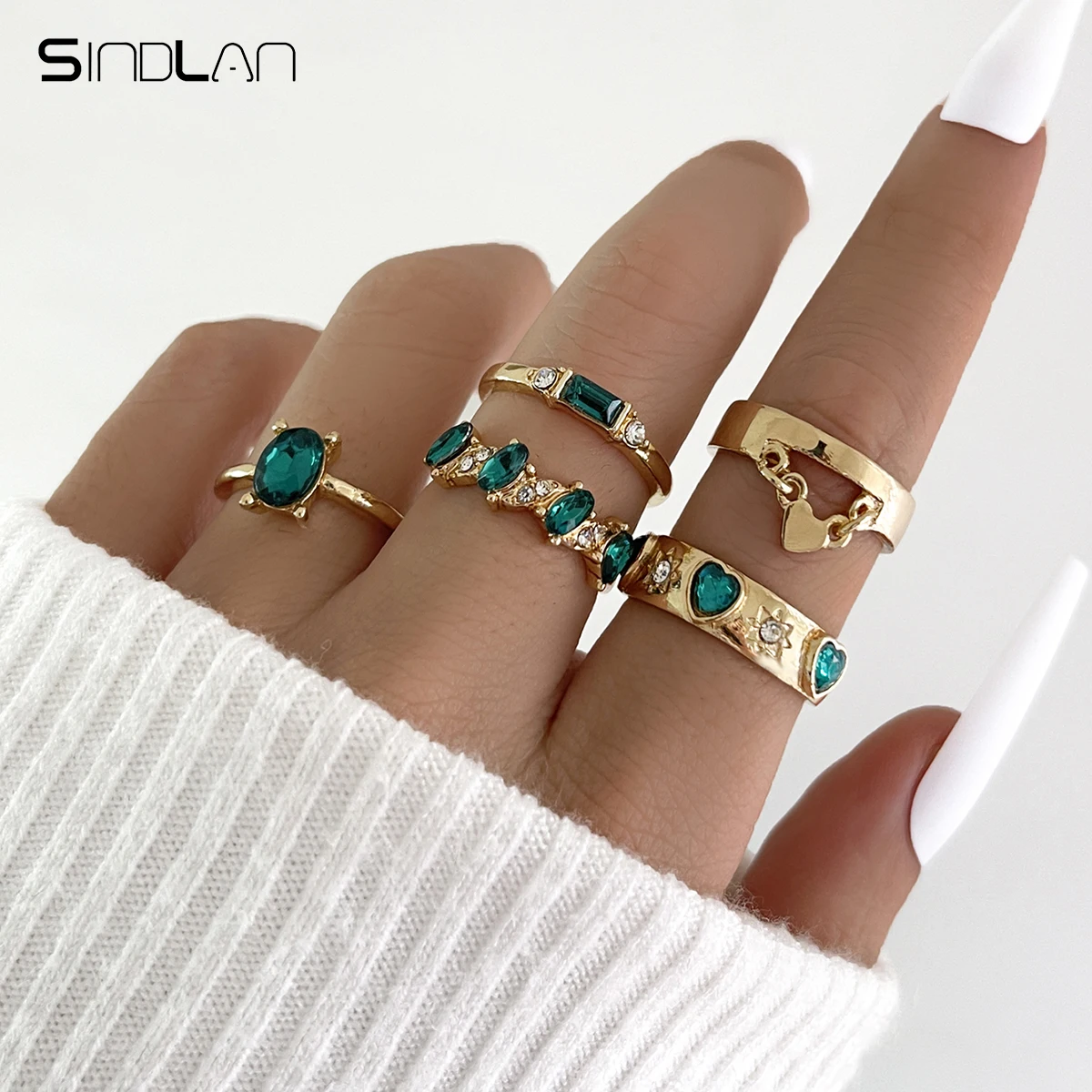 

Sindlan 5Pcs Vintage Gold Color Heart Rings for Women Kpop Green Crystal Geometric Set Female Fashion Jewelry Gift Anillos Mujer