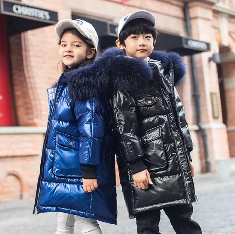 

2022 Winter 4-14Yrs Children Clothing 90% Down Jacket For Boys Waterproof Thicken Snowsuit Shiny Hooded Boys Parka Faux Fur Coat