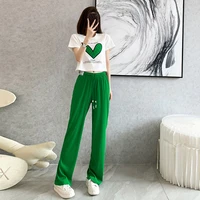1021 fashion womens short sleeved t shirt cotton long pant green 2 pieces set outfits casual sports wide leg pants suit ins y2k