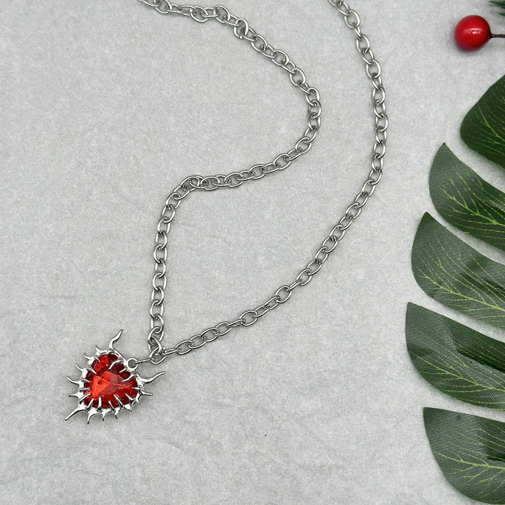 Y2K Gothic Spiky Red Glass Heart Pendant Necklace for Women Punk Grunge Liquid Metal Thorn Spiked Gift Her
