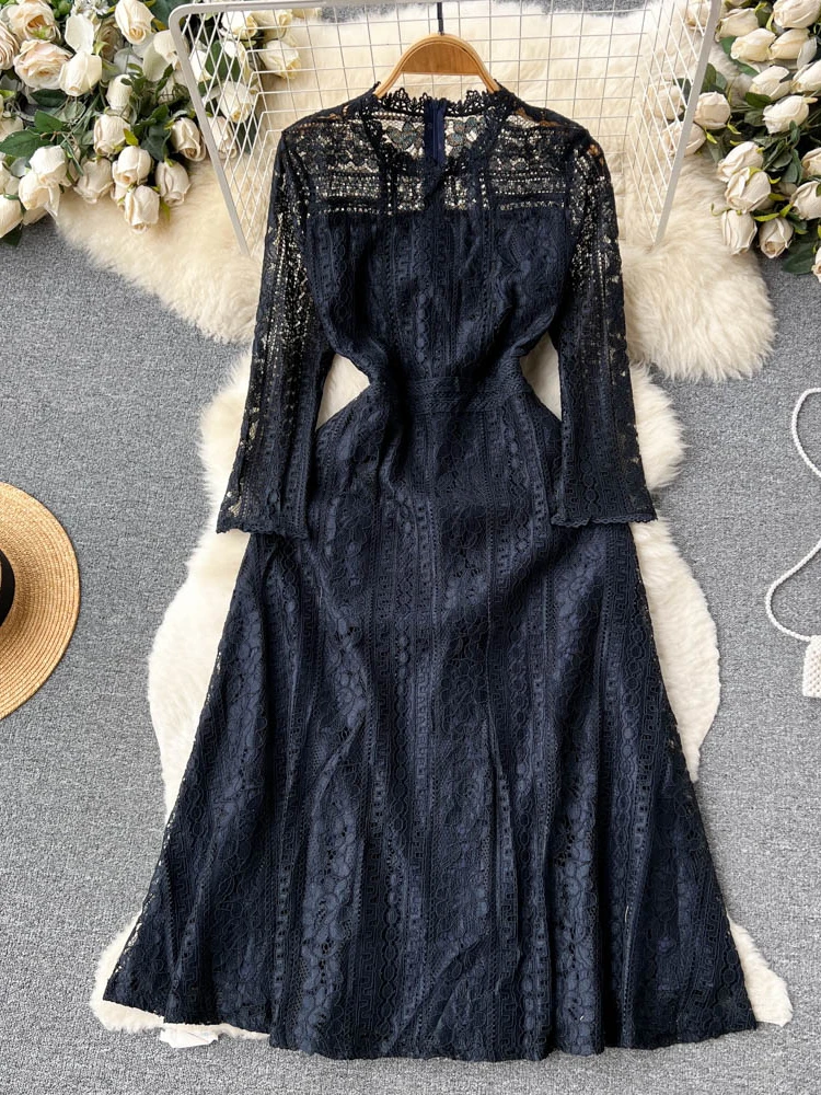 

Женское кружевное платье с длинным рукавом, вязаное крючком французское винтажное элегантное роскошное платье на бретелях