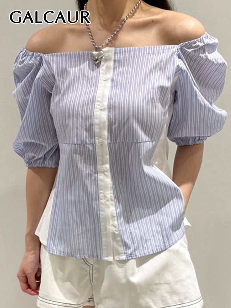 

GALCAUR Casual Striped Hit Color Shirts For Women Slash Neck Puff Sleeve Off Shoulder Loose Blouse Female Summer Clothes 2023