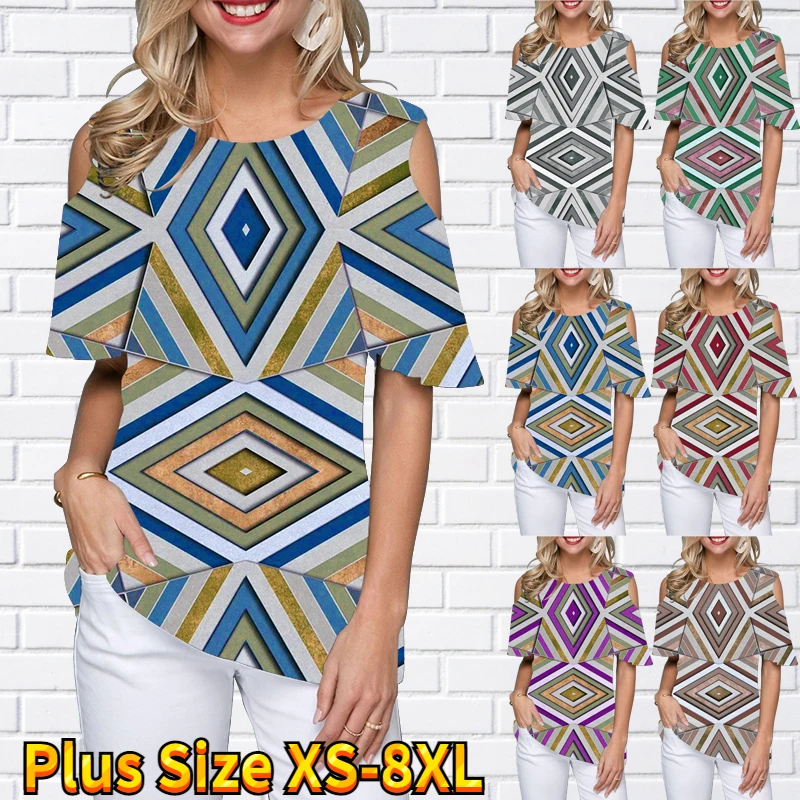 

3D Vintage Prints T-shirt Women Short Sleeve T-shirt Casual Girl Round Collar Fashion Short Sleeve Off-the-shoulder Tee Shirt