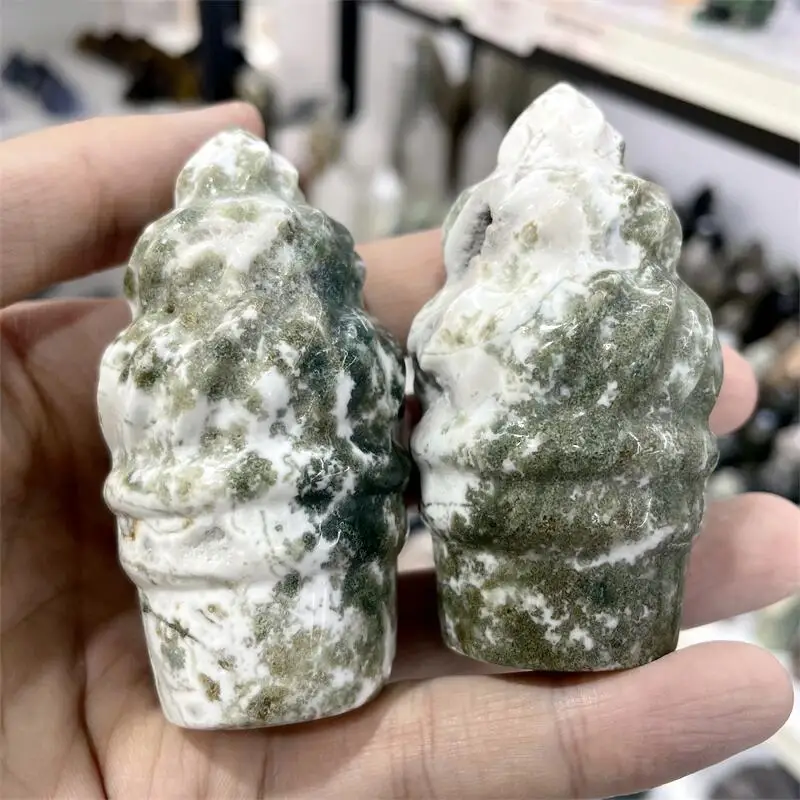 

Natural Hand carved Moss Agate Crystal Ice Cream Quartz Ornament Healing Stones Gemstones For Home DIY Decorations 1pcs