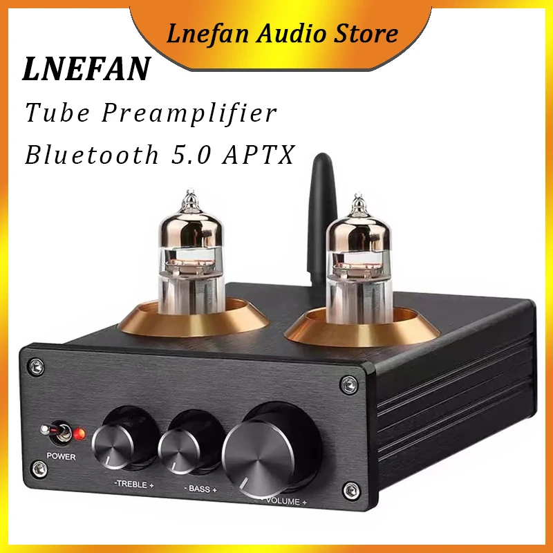 

LNEFAN Vacuum Tube Preamplifier 2.0 HiFi Audio Amplifier Treble Bass Control Bluetooth 5.0 QCC3008 APTX Mini Pre AMP RCA Output