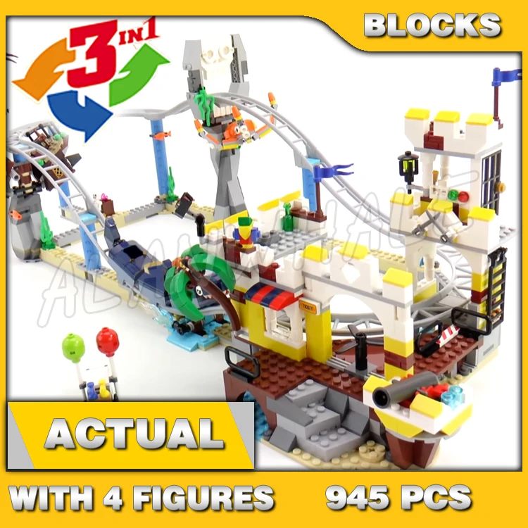 

945pcs Creative 3in1 Pirate Roller Coaster Skull Ride Ship Ride Fairground 11055 Building Blocks Sets Compatible With Model