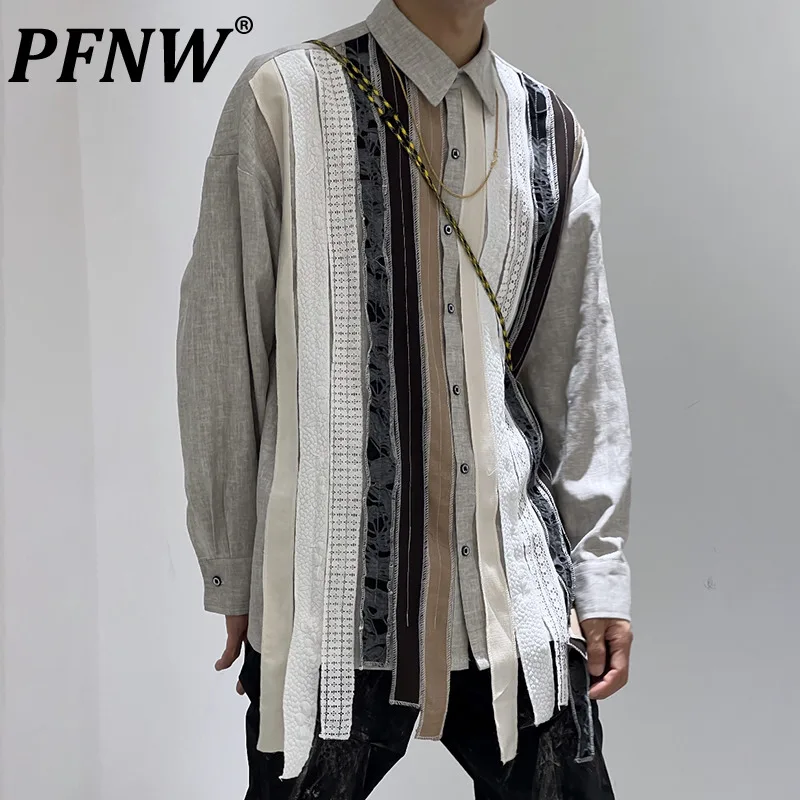 

PFNW Summer Men's Linen Sunscreen Irregular Tops Chic Thin Patchwork Baggy Outdoor Button Streetwear Comfortable Shirts 12Z1526