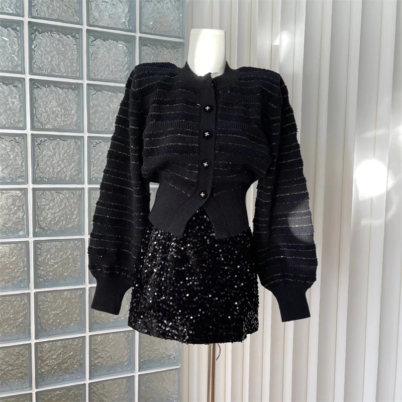 

Женский трикотажный кардиган в полоску, синий и черный однобортный свитер в стиле ретро с длинным рукавом, верхняя одежда в Корейском стиле,...