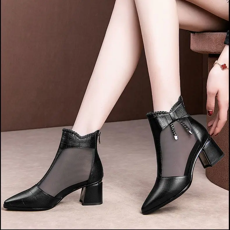 Boots for women Butterfly-knot Mesh Breathable Ladies Ankle Boots Summers Thick heel shoes Zipper Comfortable Female Footwear