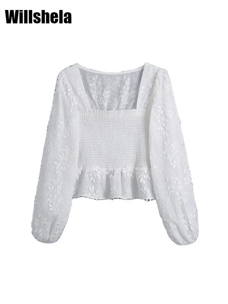 

Willshela женские модные однотонные плиссированные Обрезанные рубашки с аппликацией винтажный квадратный воротник с длинными рукавами Женски...