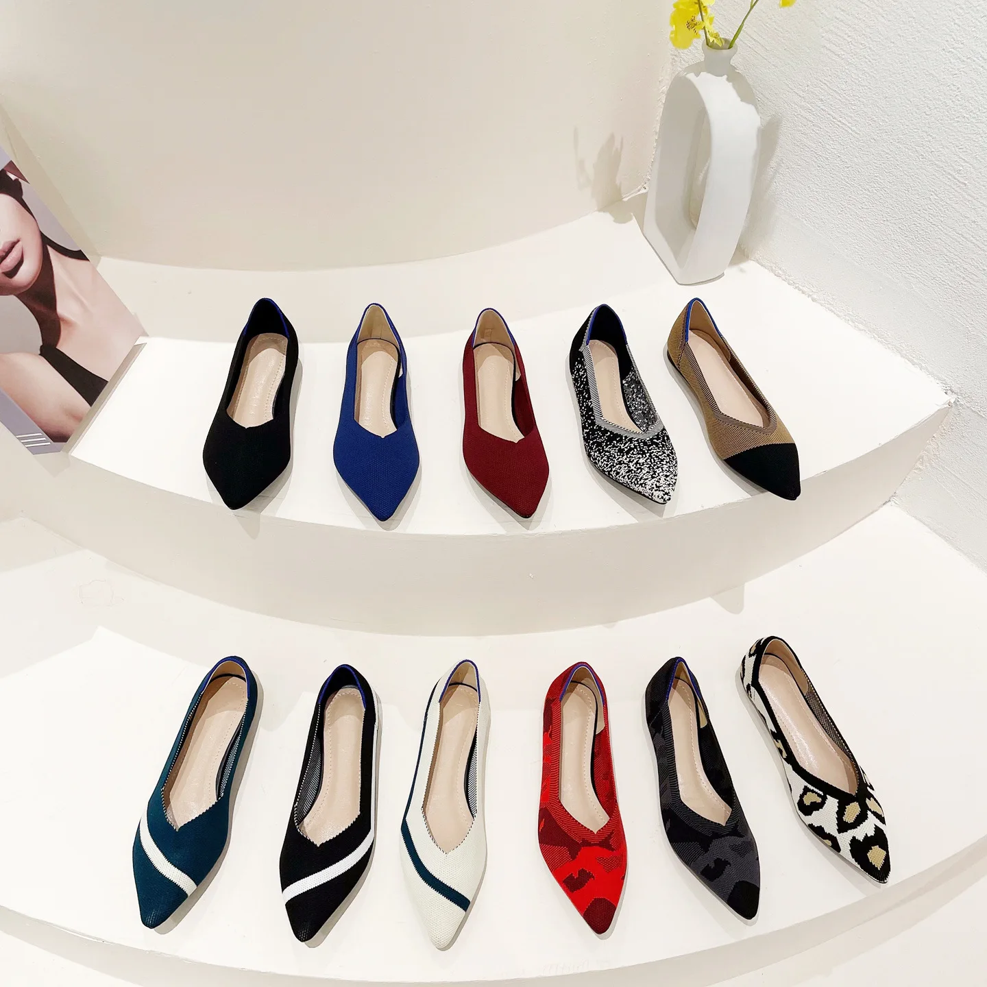 Ballet Mixed Color Soft Zapatos De Mujer Moccasin Women's Single Fashion Knitted Pointed Flat Shoes Bottom Comfortable Plus Size