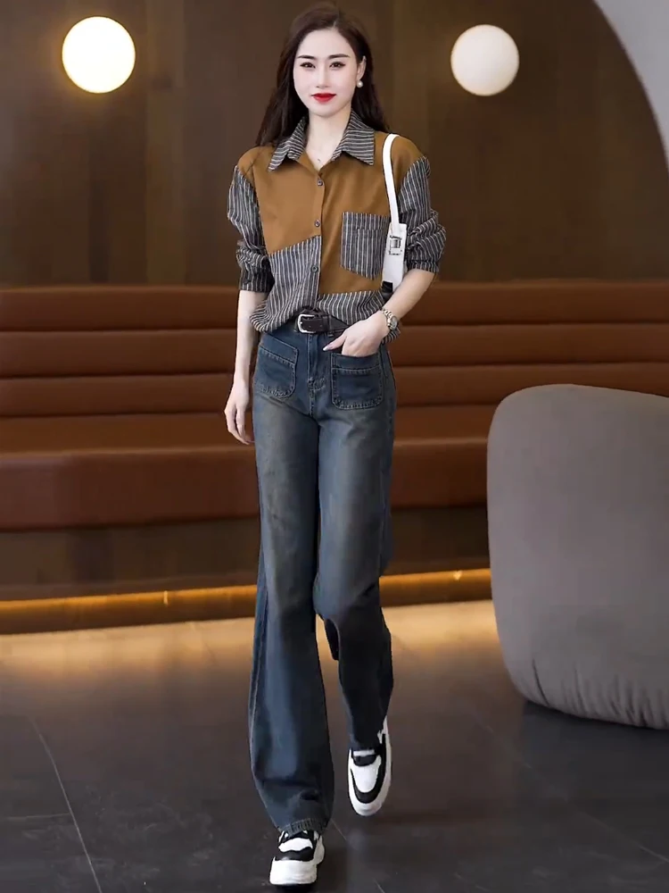 Модные рубашки с джинсовым комплектом женские весенние новинки 2024 маленькие