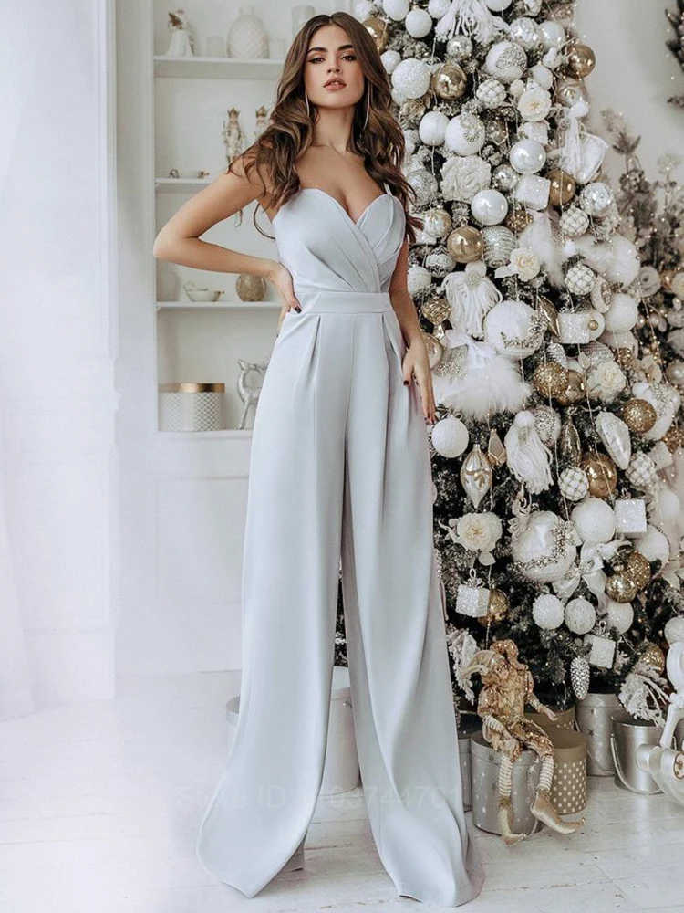 Женский комбинезон с широкими штанинами однотонный повседневный V-образным