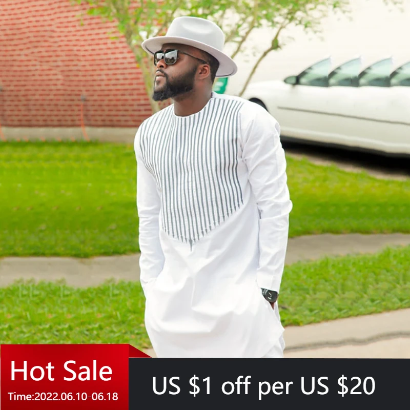 Summer Men's Stripe Printing Casual Suit African National Style African Men Dashiki Long Sleeve Two-piece Set Men Clothing Set