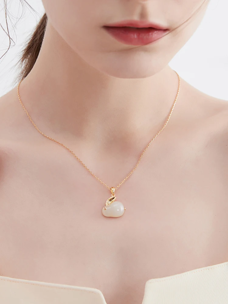 Hetian Jade Rabbit Necklace for Women 925 Silver 2024 New Popular Light Luxury Cute Choker