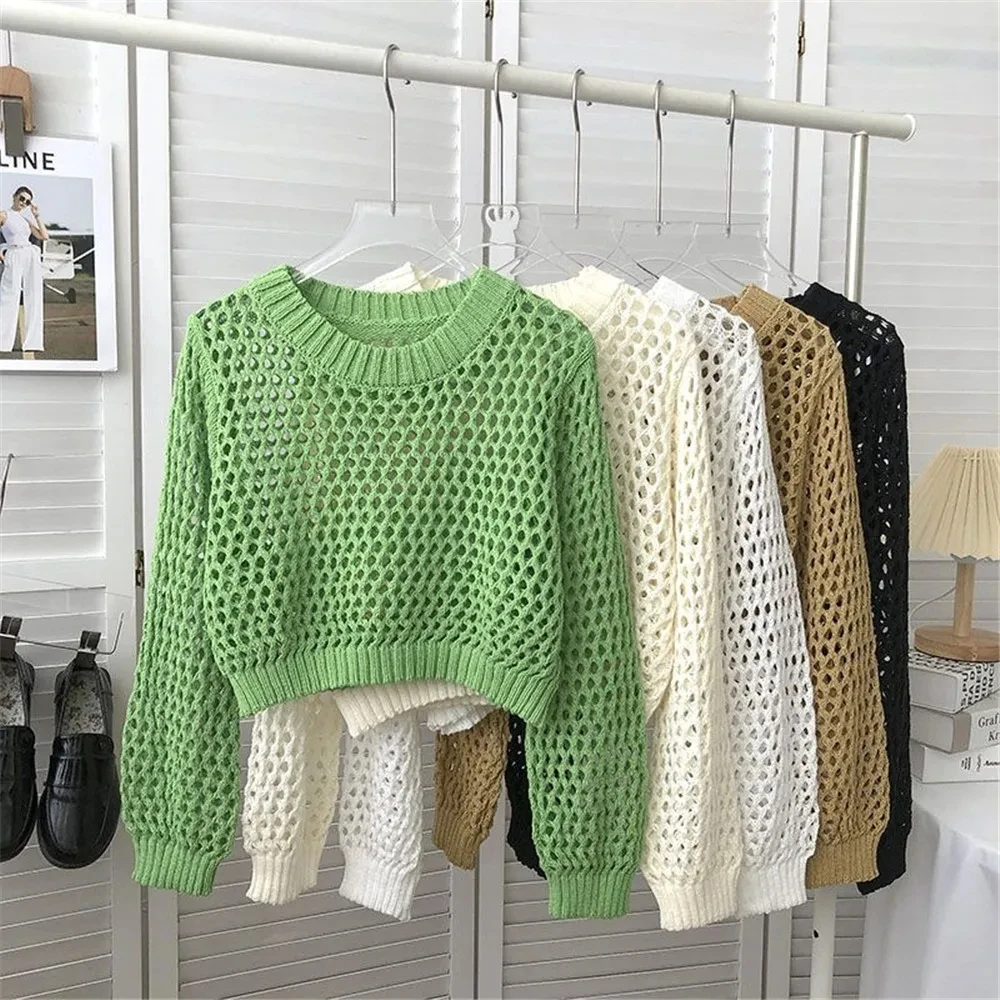 

Korean Hollow Out Knit Pullovers O Neck Vintage 6 Colors 2023 Spring Autumn Puff Sleeve Blouse Fashion Long Sleeve Knitted Tops