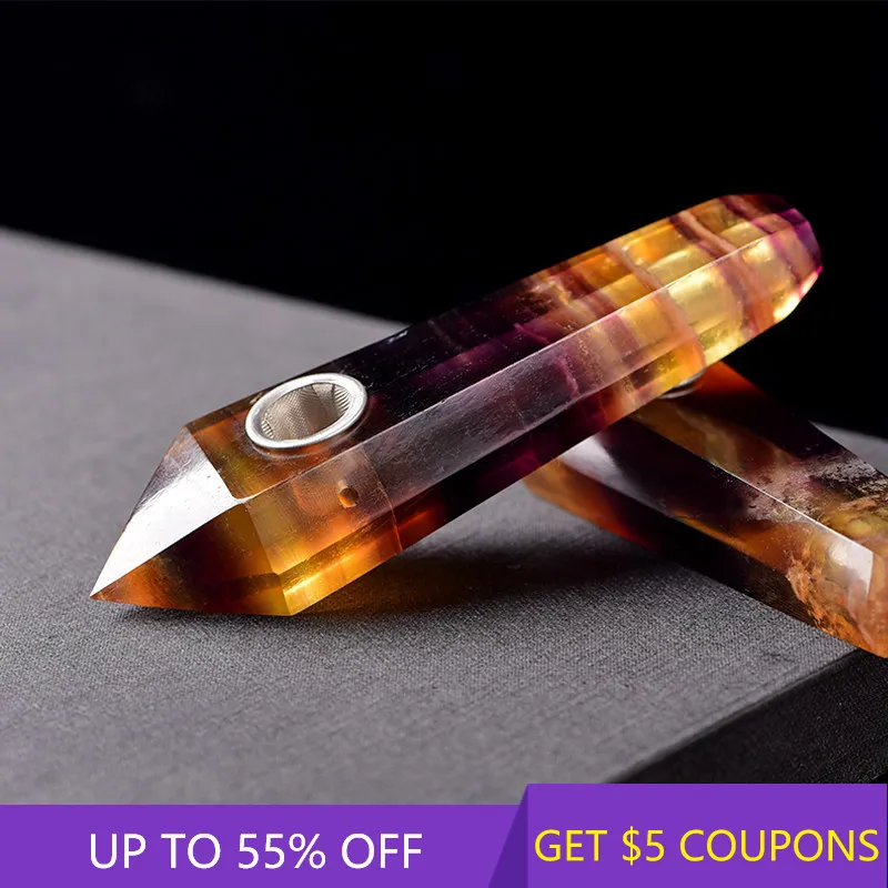 

Natural Yellow Purple Fluorite Stone Quartz Crystal Point Wand Smoking Pipe Healing Obelisk Mineral Rock Pipes W/ Carb Hole Gift