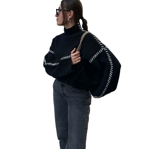 Стильный свитер с высоким воротником и цветными блоками. Модные и шикарные вязаные топы, подходящие для разных случаев 066C