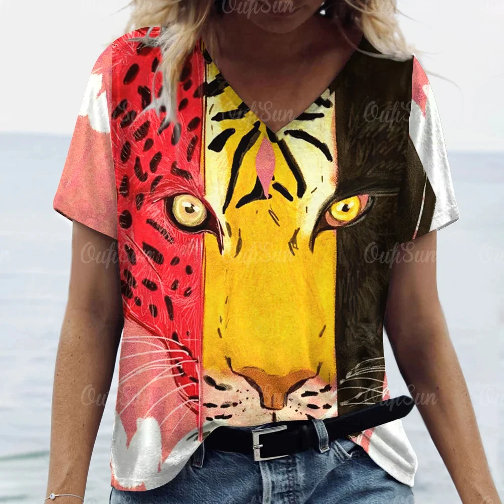 Женская футболка с 3D принтом тигра Льва большого размера коротким рукавом для