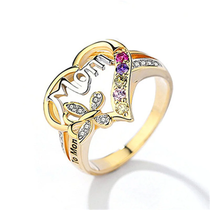 

Cute Fashion Gold Colors Heart Mom Rings for Women Trendy Metal Inlaid White Stone Wedding Engagement Jewelry