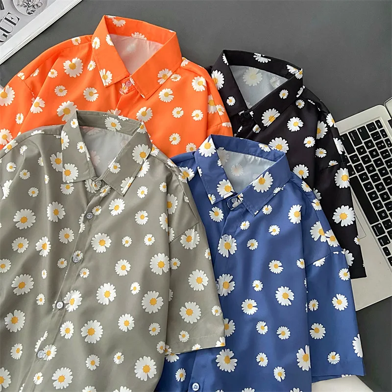 

EBAIHUI Flower Prrinted Shirts Women Japanese Style Kpop BF Oversized Blouse Hawaiian Beach Solid Shirt Loose Summer Top