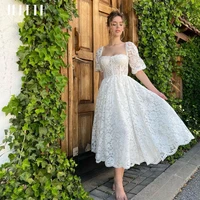 jeheth elegant white lace appliques prom dresses puff sleeves sweetheart tea length a line formal evening party dress 2022