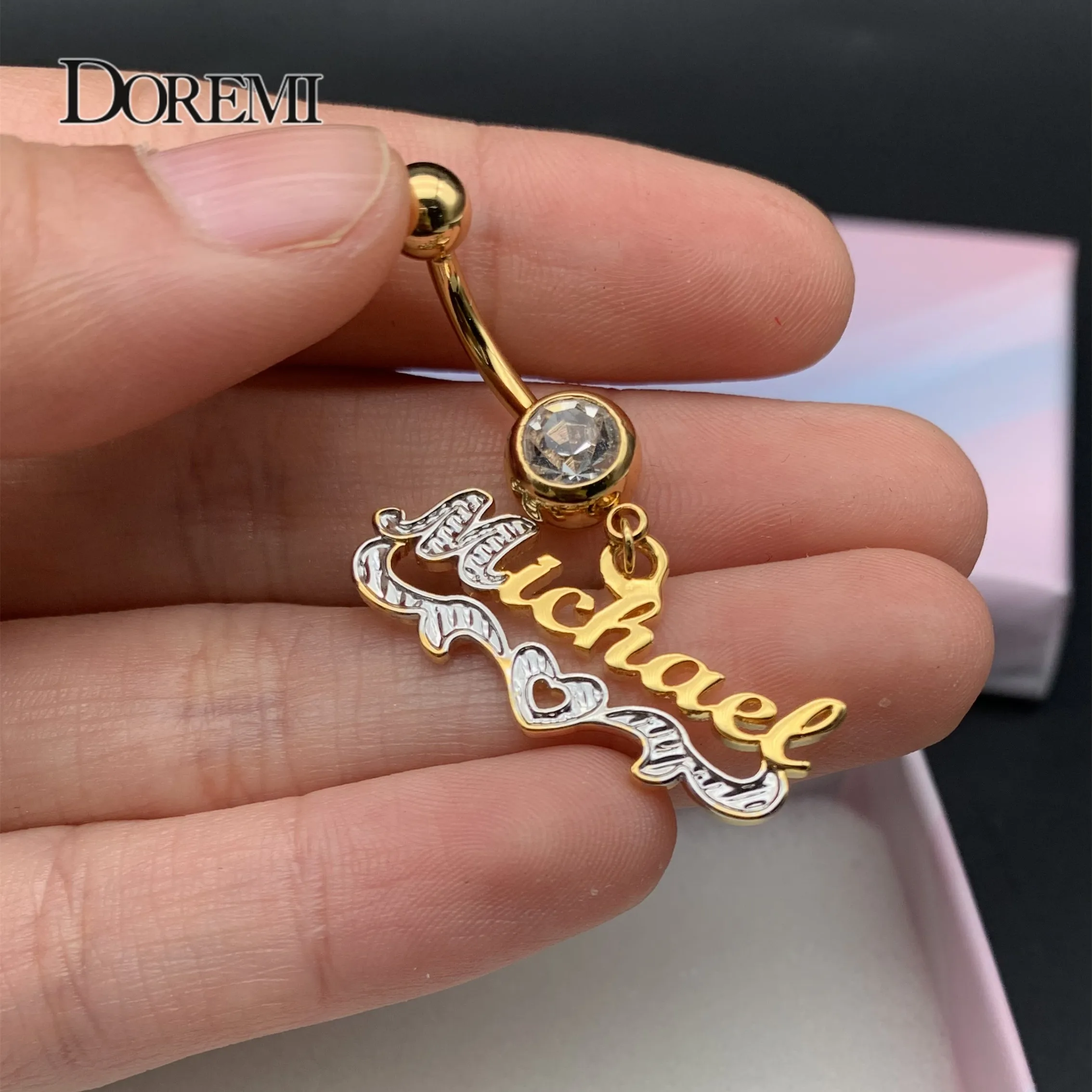 DOREMI 2Colors Custom Name Belly Ring Custom Body Jewelry Zircon Personalized Heart Letter Belly Ring Gold Color Gift for Women