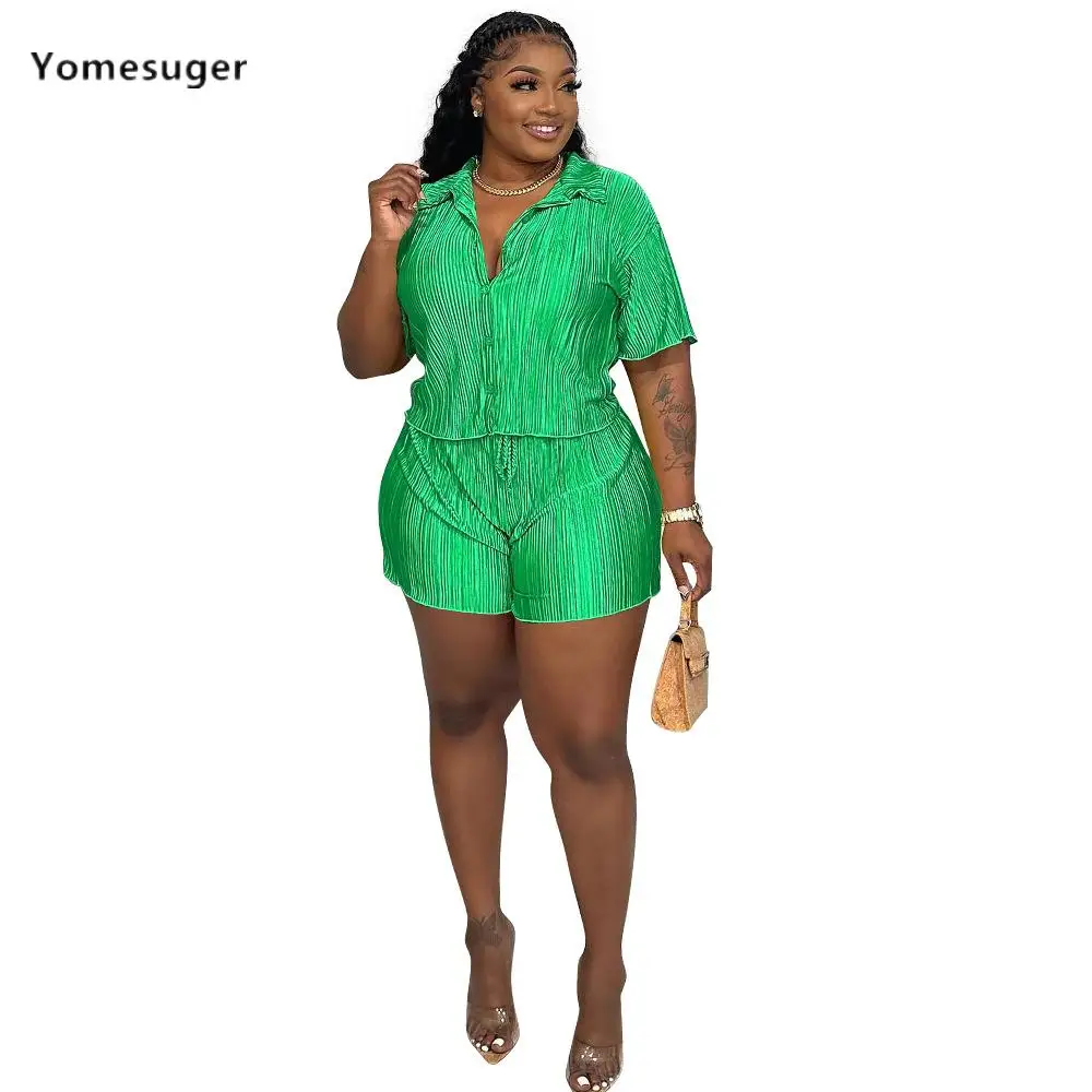 

Yomesuger Fashion Pleated Two Piece Set Women Short Sleeve Shirts+Straight Leg Shorts Suits 2023 Summer Hipster Street Outfits