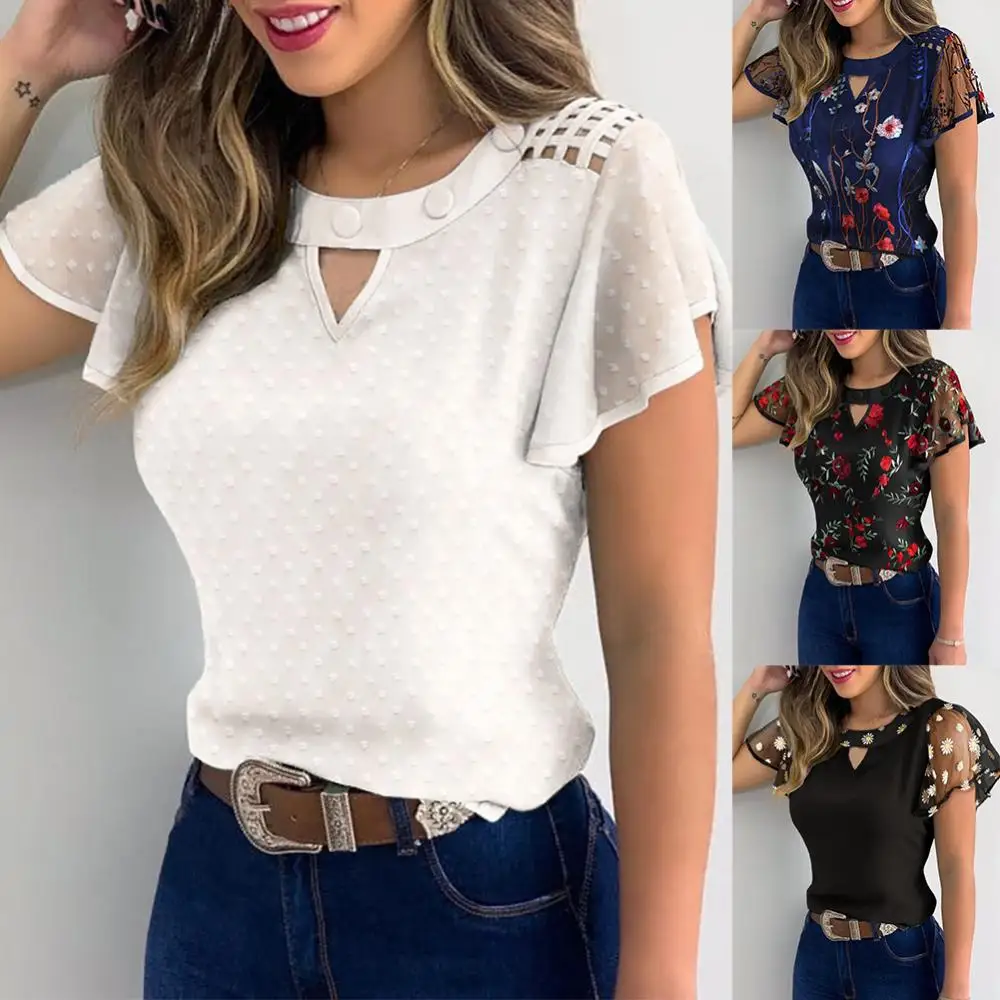 

Женская ажурная Футболка с оборками на рукавах и цветочной вышивкой