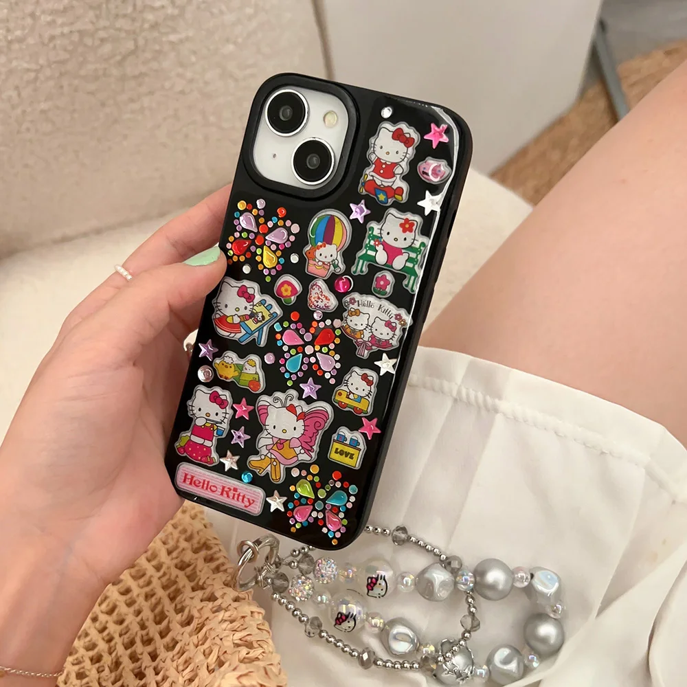 

Kawaii Sanrio 3D Hello Kitty with Bracelet Phone Case for IPhone 15 14 13 12 11 Pro Max Plus Anti-fall Back Cover Y2k Girl Gift