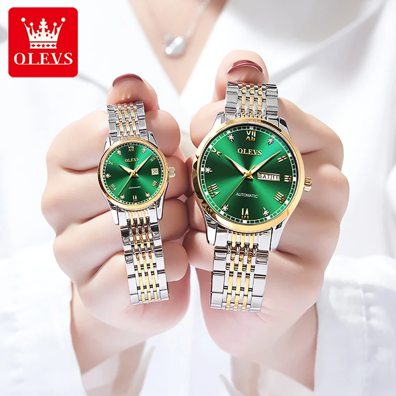 OLEVS 2022 New Couple Watch Fashion Green Water Ghost Dial Luminous Luxury Mechanical Watches Couple Watch Waterproof Clock 6602