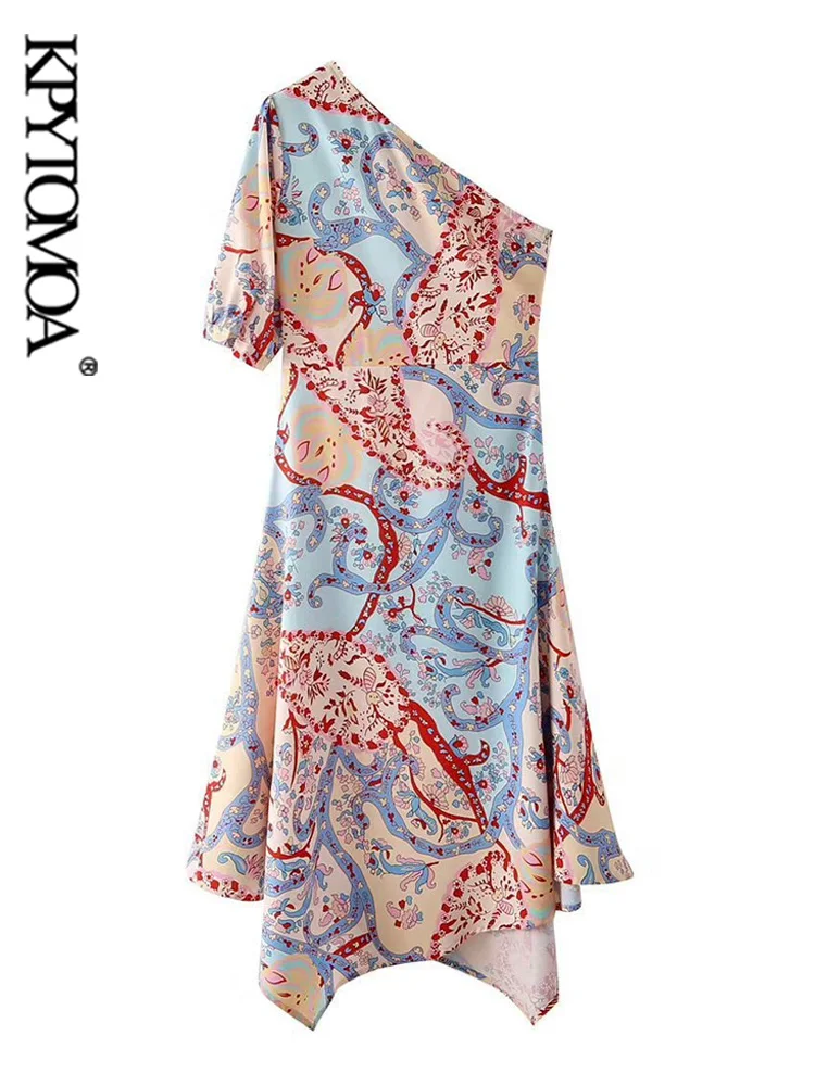 

KPYTOMOA женское модное асимметричное платье средней длины с принтом винтажные женские платья на одно плечо с коротким рукавом Vestidos Mujer