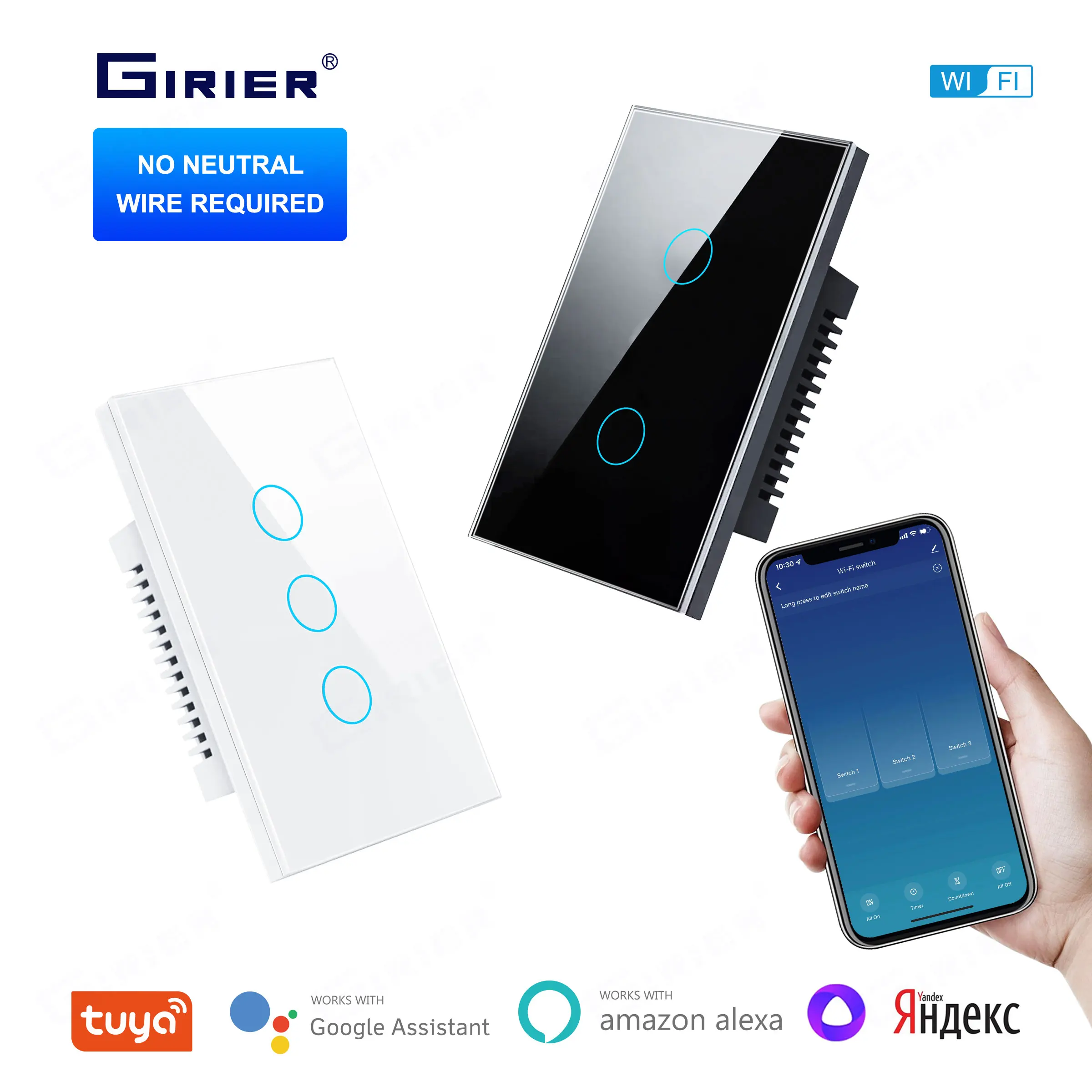 

GIRIER Smart Light Switch No Neutral Wire Required WiFi Touch Wall Switch US 100-240V 1 2 3 Gang Works with Alexa Hey Google