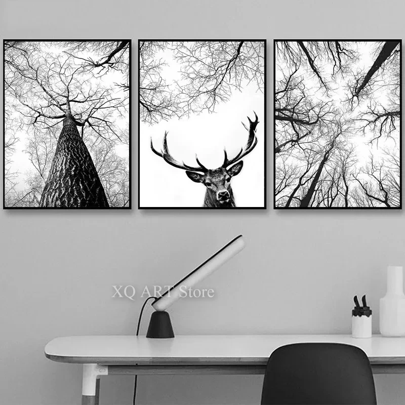 

Scandinavian Black and White Tree Branch Print Hunting Posters Deer Antlers Wall Art Woodland Tree Canvas Painting Home Decor