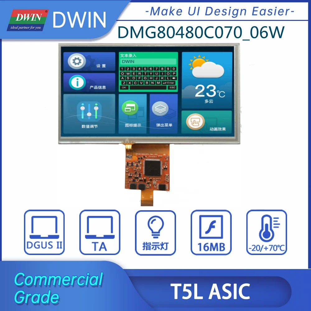 

DWIN 7.0-inch 800*480 Pixels Resolution LCM Display TN-TFT-LCD COF Structure HMI TN RS485/RS232 Resistive Smart Touch Screen