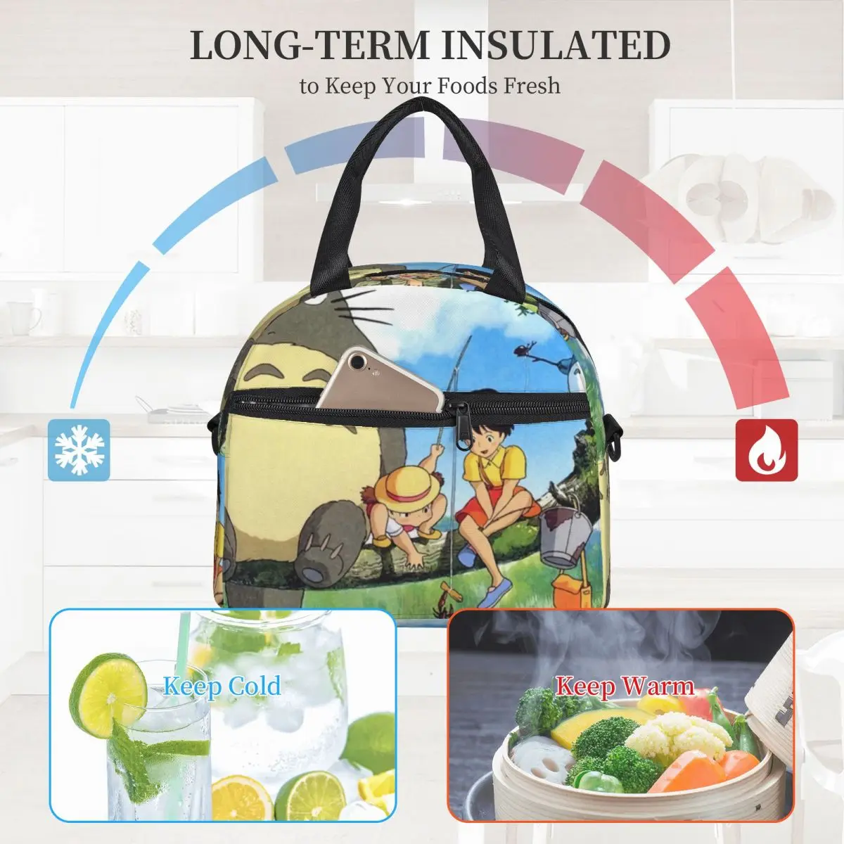 

Cartoon Totoro Lunch Bag with Handle Japanese Anime Print Carry Cooler Bag Picnic Modern Pearl Cotton Thermal Bag