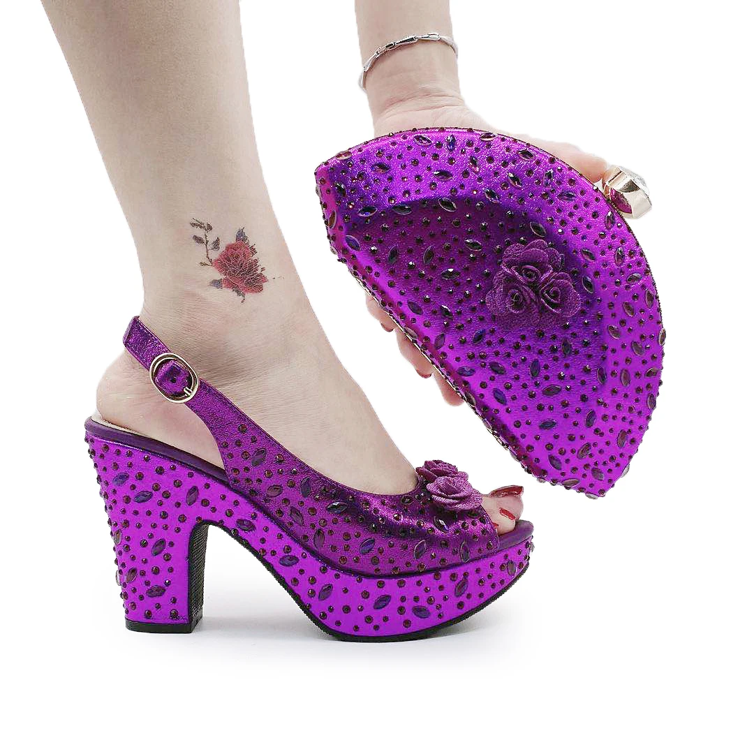 Starry Wedding Shoe with Bag Set Italian Designer Bling Bling Plus Size 41 42 Women High Sandals and Purse Set Lady Shoe Clutch